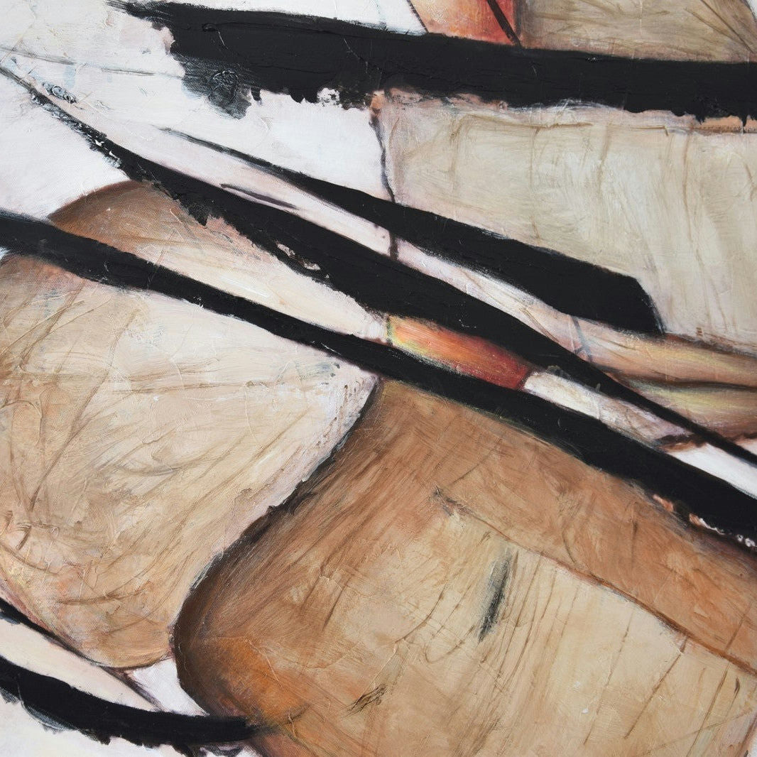 El Cuadro Movimiento N.2 presenta formas abstractas curvas en color beige intersectadas por líneas negras audaces sobre una superficie texturizada. Perfecto para el diseño de interiores, agrega elegancia dinámica a cualquier espacio, recordando al arte contemporáneo.