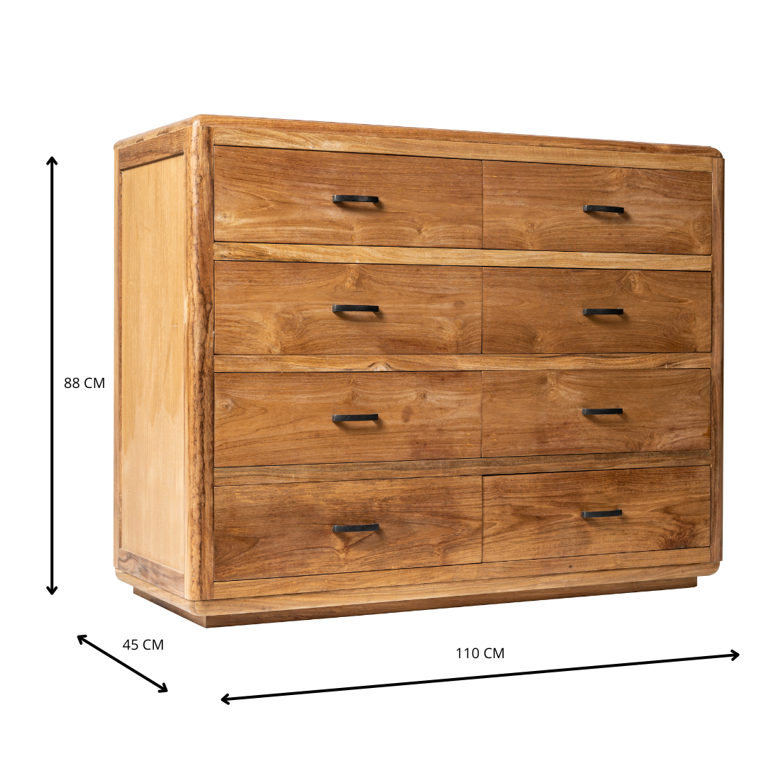 Cómoda con 8 cajones en madera de teca Begur London, tiradores negros y medidas de 88x110x45 cm. Ofrece un amplio almacenamiento en un diseño cómodo.
