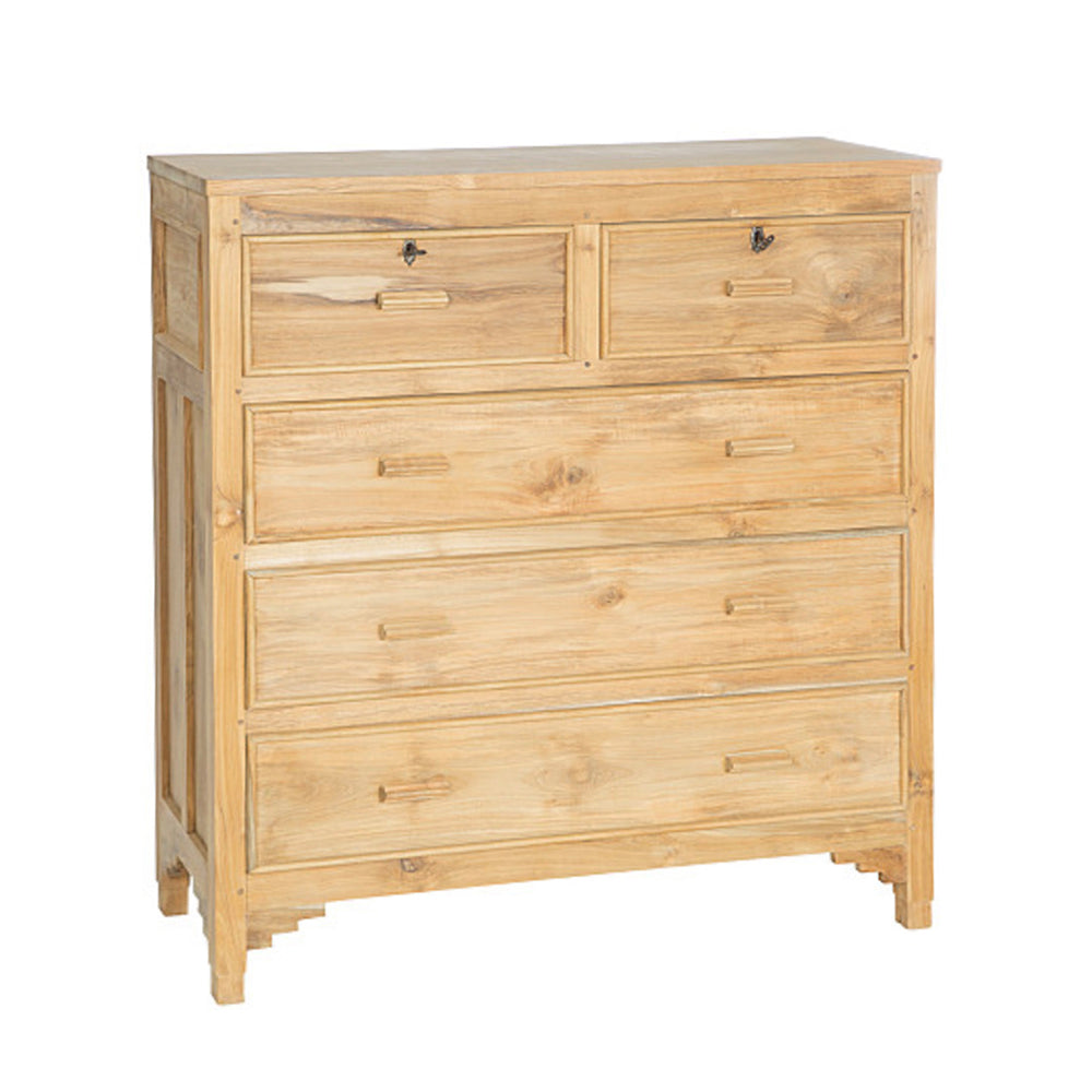 La Cómoda con 5 Cajones en Madera de Teca Dariel destaca por su acabado natural, dos cajones superiores pequeños y tres inferiores grandes con tiradores metálicos. Ideal como mueble de almacenamiento para cualquier espacio.