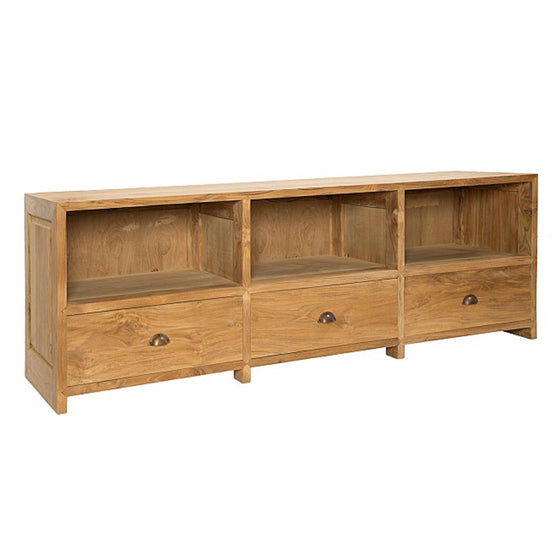 El Aparador de Madera de Teca Bufette Edy cuenta con un acabado natural, tres estantes abiertos y tres cajones para un almacenamiento elegante. Ideal para un diseño interior versátil.