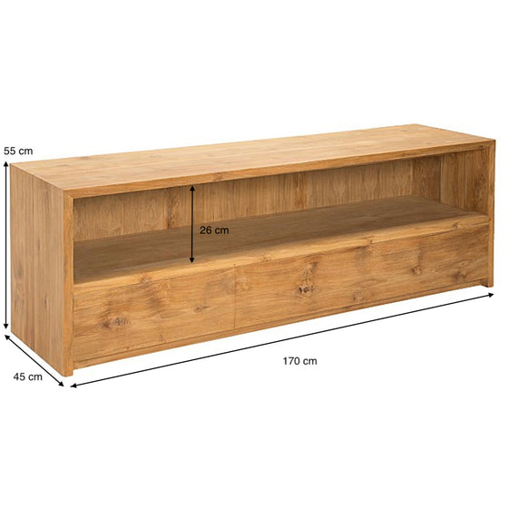 El Aparador de Madera Teca Buffete Clara es un mueble de TV de madera de teca, moderno y elegante, de forma rectangular con balda abierta y compartimento de almacenaje, con unas medidas de 170 cm de ancho, 55 cm de alto y 45 cm de fondo.