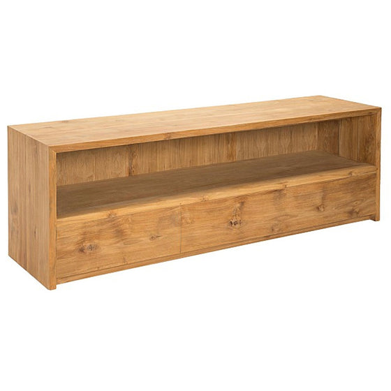 El Aparador de Madera Teca Buffete Clara es un mueble de TV de madera con un diseño moderno y elegante. Incluye un estante superior abierto y un compartimento inferior cerrado, fusionando estilo y funcionalidad.