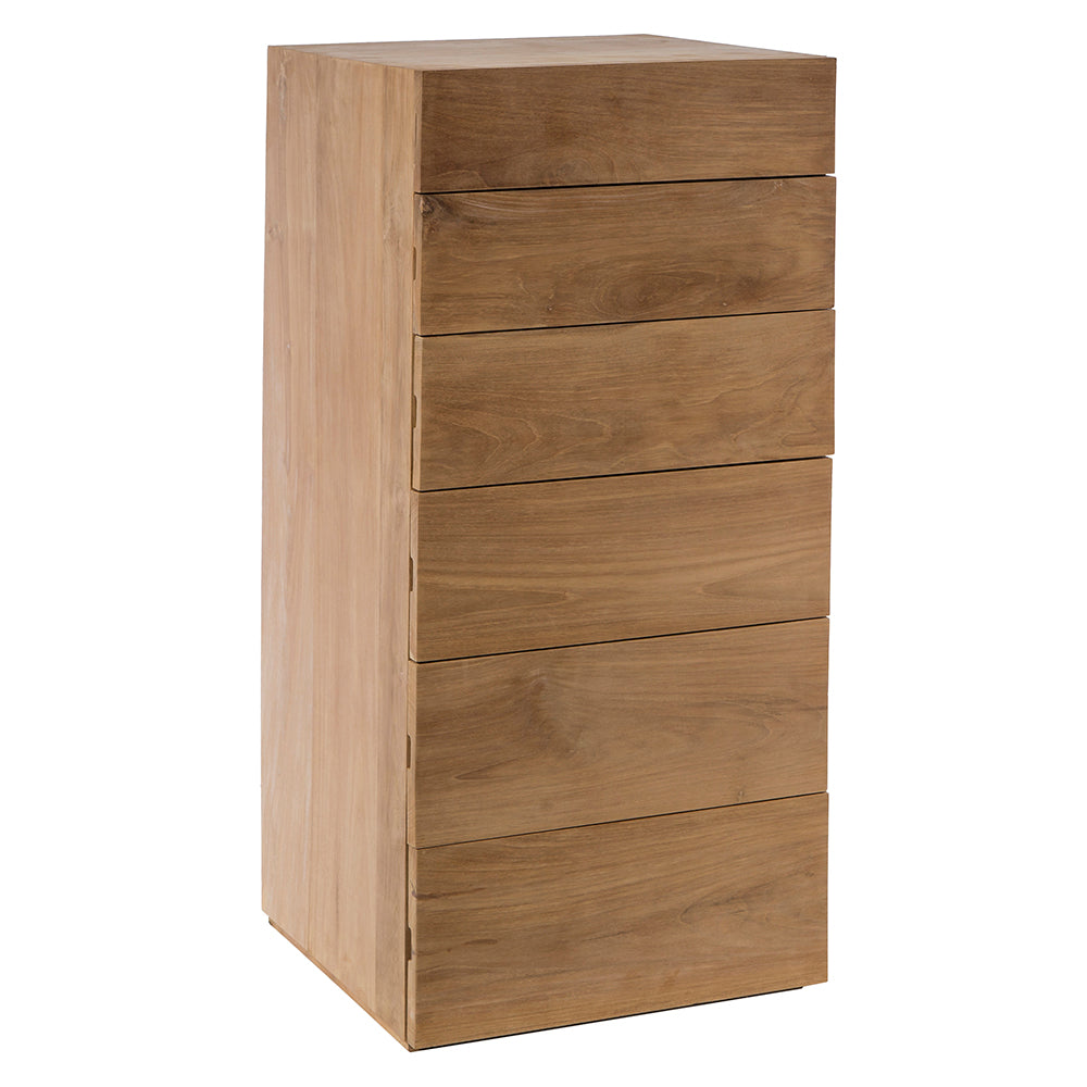 La Cómoda con 6 Cajones en Madera de Teca CUB, de diseño rectangular y minimalista, presenta un acabado natural y es ideal para almacenamiento en espacios pequeños.