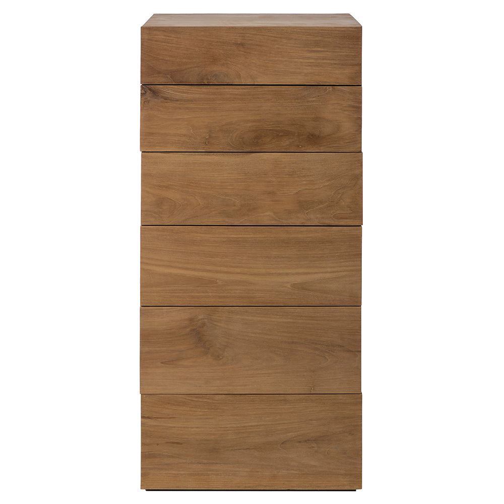 La Cómoda con 6 Cajones en Madera de Teca CUB es alta y rectangular, con acabado natural y seis cajones apilados; perfecto para almacenar en espacios pequeños.