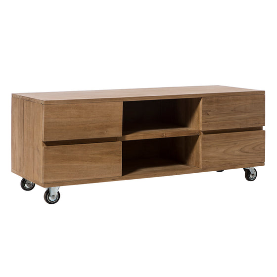 El Aparador de Madera de Teca con Ruedas CD Bufette Mediano es un elegante mueble de TV de madera con dos estantes espaciosos y cuatro cómodos cajones con ruedas.