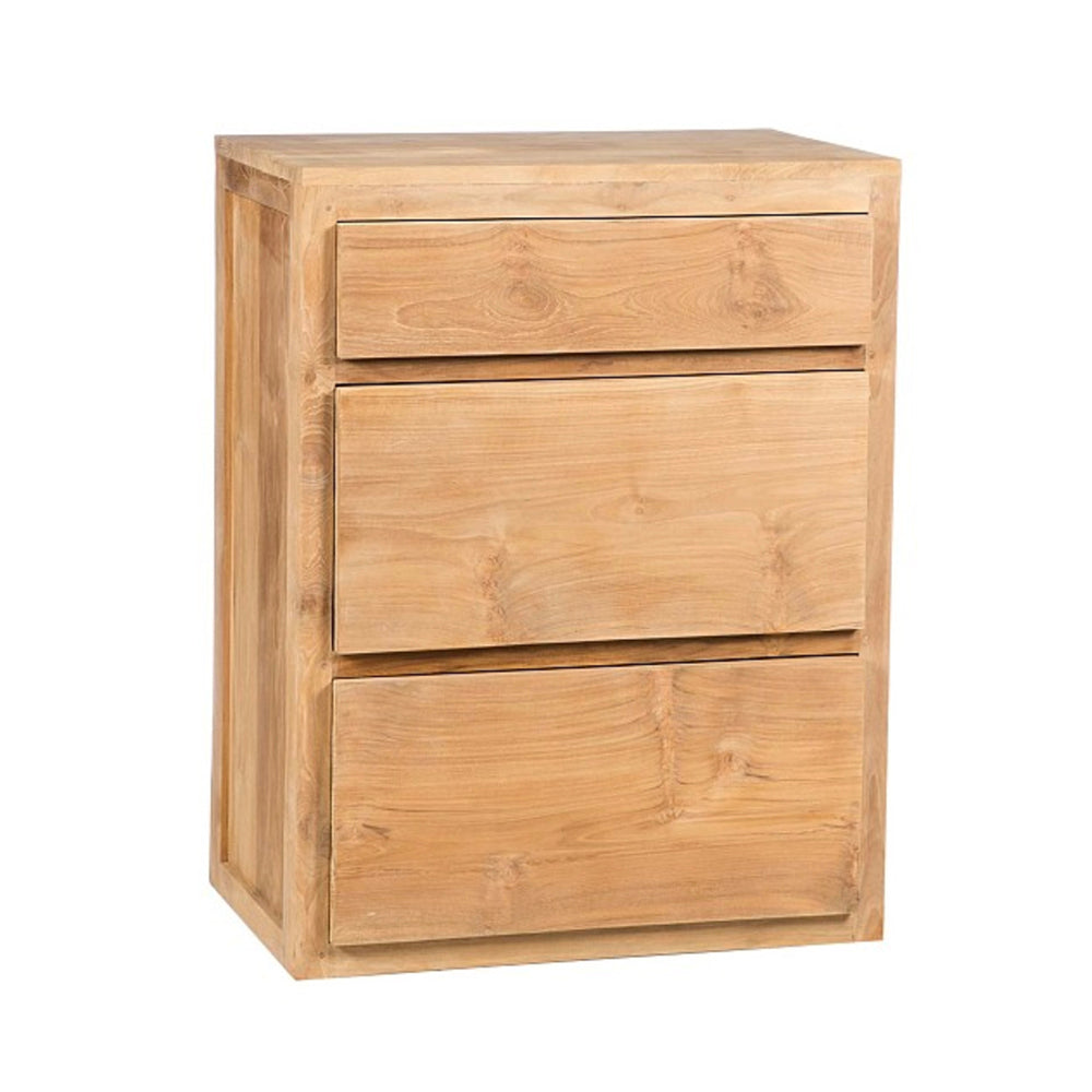 La Cómoda con 3 Cajones en Madera de Teca Pelikan cuenta con un diseño minimalista y líneas limpias, ofreciendo un almacenamiento elegante gracias a su acabado natural.