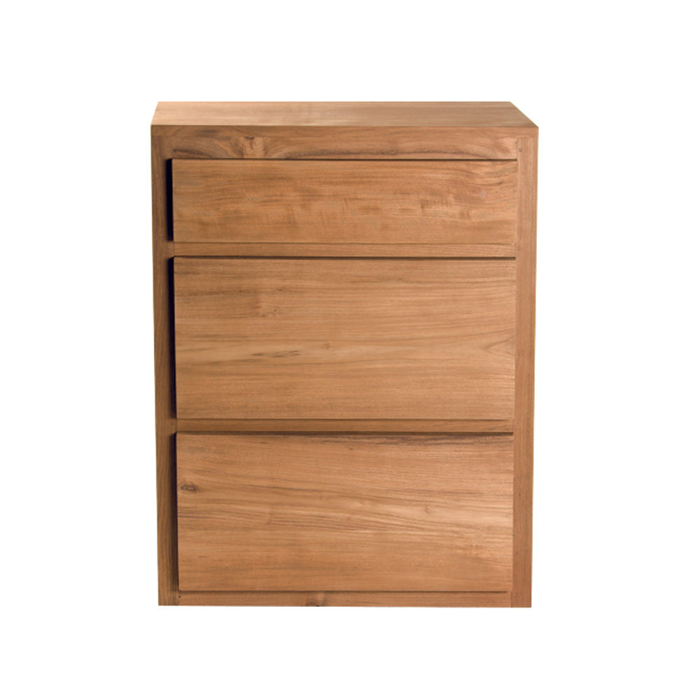 La Cómoda con 3 Cajones en Madera de Teca Pelikan destaca por su diseño minimalista y acabado natural, ideal para almacenamiento, presentado sobre un fondo blanco.