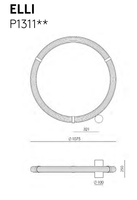 Dibujo técnico de la Lámpara de pie Elli presenta minimalismo moderno, con un diámetro de 1075 mm, una altura de 250 mm y un diámetro de sección más pequeño de 100 mm, ideal para decoración e interiorismo.