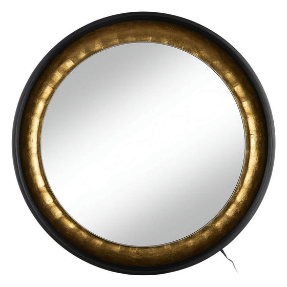El Espejo Iluminado Negro-Oro DM-Cristal 90 x 90 cm Reflejo Curvo presenta un elegante marco exterior negro y dorado con un amplio borde interior dorado que refleja la luz con elegancia. Su cordón visible combina funcionalidad con arte decorativo.