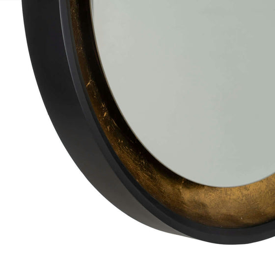 Primer plano del Espejo Iluminado Negro-Oro DM-Cristal 90 x 90 cm Reflejo Curvo, que presenta un marco negro con un borde interior dorado, resaltando el elegante arte del negro-oro.