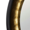 Primer plano del Espejo Iluminado Negro-Oro DM-Cristal 90 x 90 cm Reflejo Curvo: un espejo redondo con un amplio marco dorado texturizado y un elegante borde exterior negro-dorado.