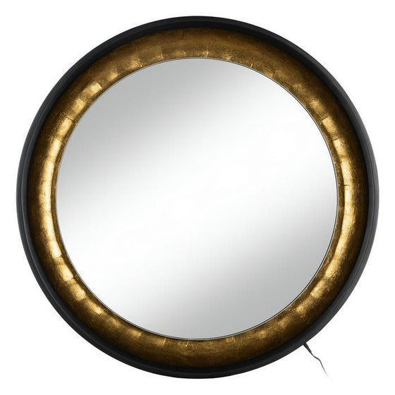 El Espejo Iluminado Negro-Oro DM-Cristal 90 x 90 cm Reflejo Curvo presenta un espejo de pared redondo con un marco negro grueso y un borde interior dorado, que incorpora llamativos tonos negro-oro como un impresionante arte decorativo para su espacio.