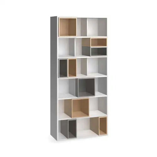 La Estantería 92 Vooxy es una unidad modular alta con estantes múltiples que presenta compartimentos abiertos en diferentes tamaños y colores, que incluyen ecomadera blanca, beige y gris, para un almacenamiento personalizable que se adapta a su espacio.