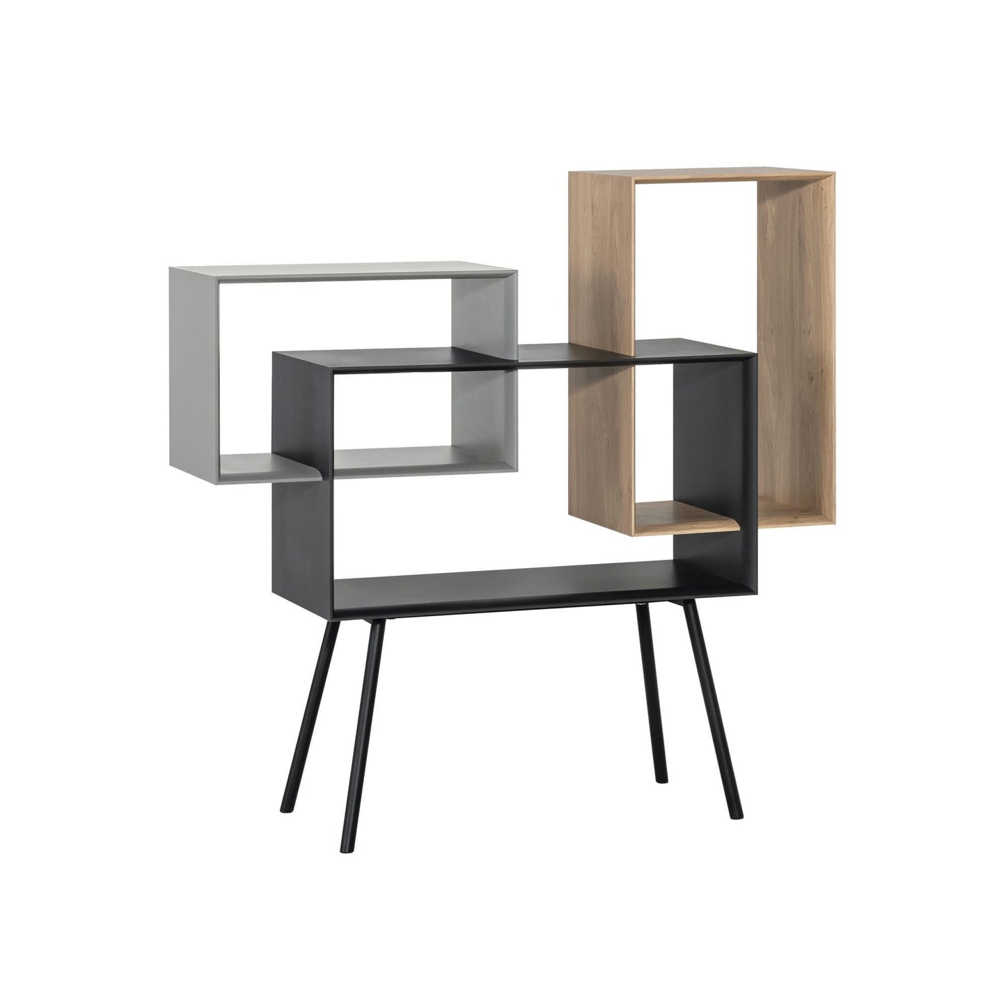 Presentamos la Estantería Geométrica Kuadrat en Roble, Grafito y Gris: una estantería contemporánea con tres secciones geométricas en acabados en roble, grafito y gris sobre elegantes patas negras. Este almacenamiento modular ejemplifica el diseño moderno en su máxima expresión.