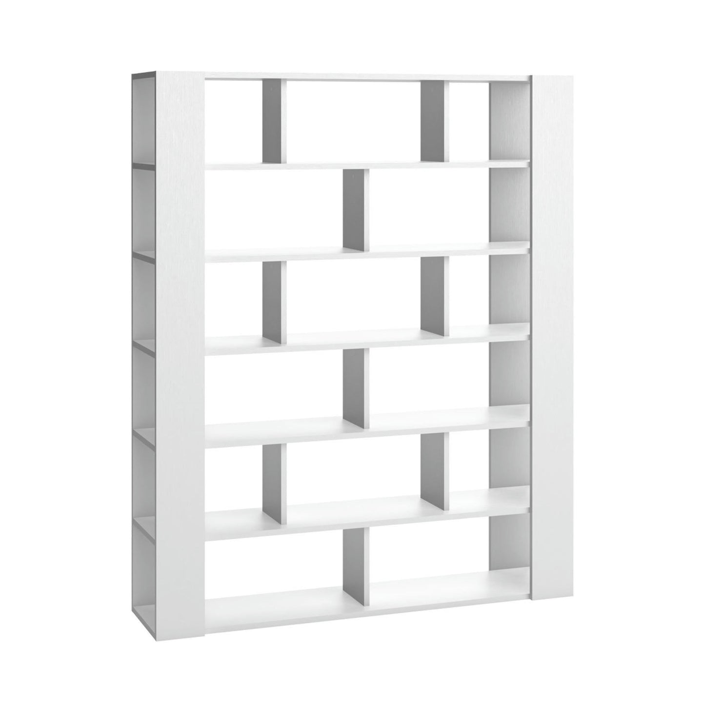 La Estantería Vooxy Libreria 01 es una estantería geométrica blanca con múltiples compartimentos abiertos dispuestos en un patrón asimétrico, ideal para un diseño minimalista de interiores.