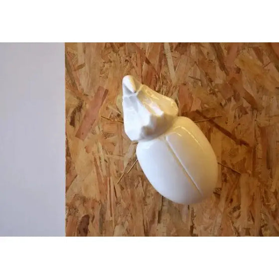 Una Figura Cerámica Escaravello Corno Blanco Brillo, una joya decorativa, sobre una pared de madera.