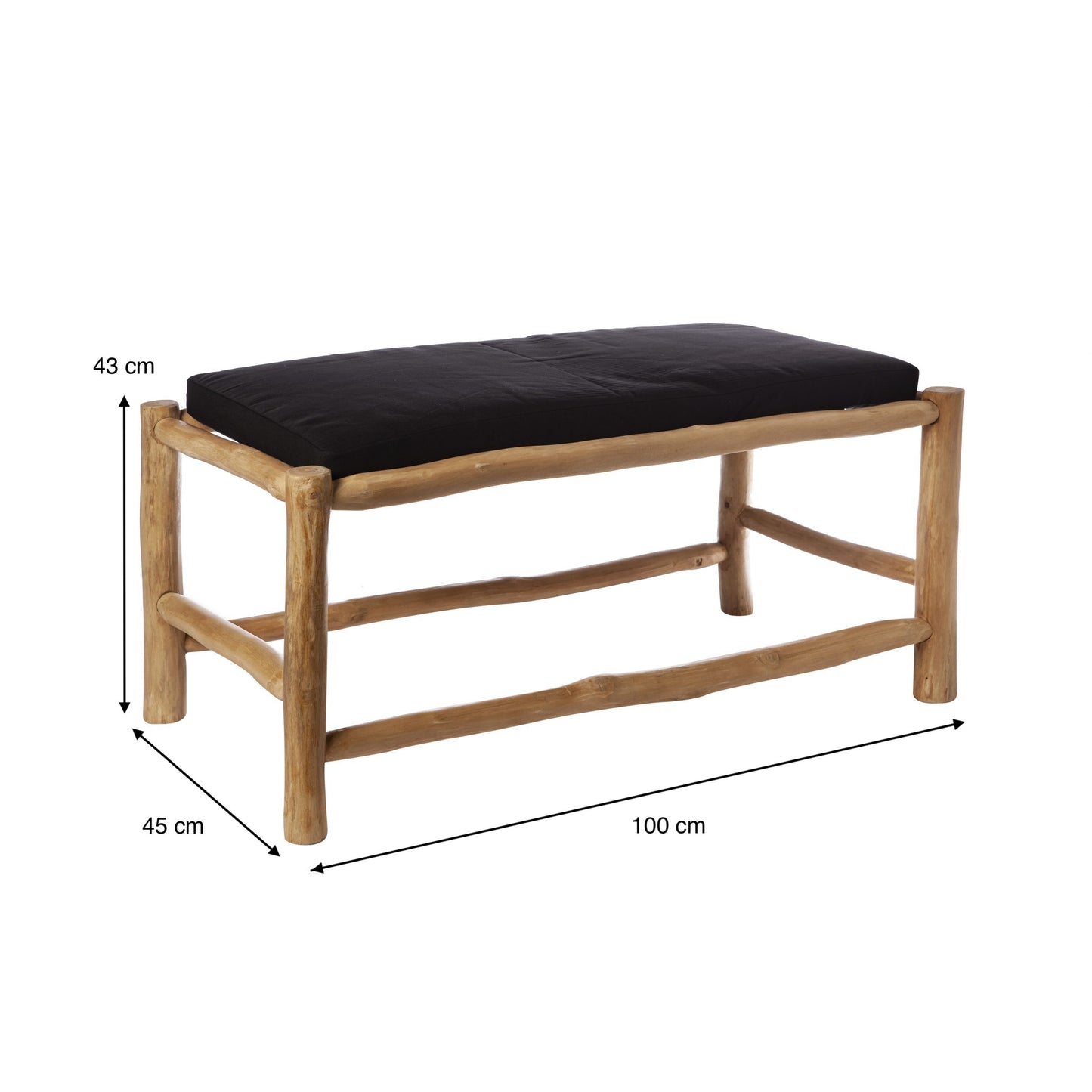 Banqueta en madera de teca y cojín algodón Portland, medidas: 100 cm de largo, 45 cm de ancho y 43 cm de alto.