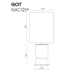 Diseño minimalista de una Lámpara de Mesa Got etiquetada "got nac125*" con vistas superior y frontal, mostrando dimensiones en milímetros.