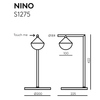 Diseño de lámpara de mesa de dos modelos etiquetados 'Lámpara de Mesa Nino' con dimensiones: una lámpara redonda sobre un poste y una estructura rectangular