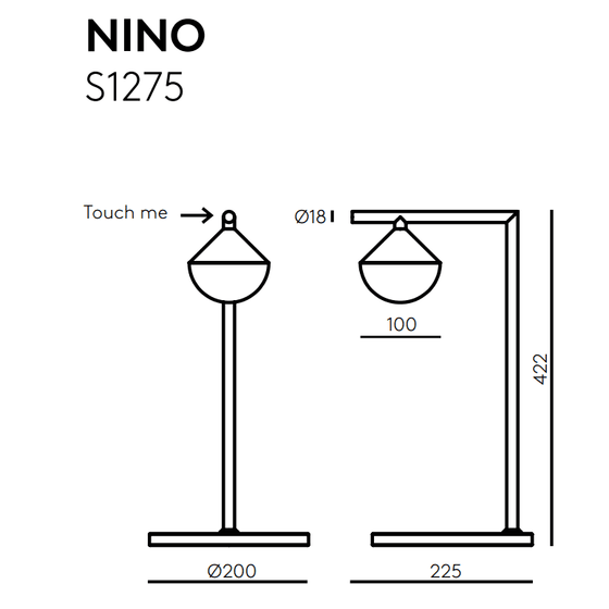 Diseño de lámpara de mesa de dos modelos etiquetados 'Lámpara de Mesa Nino' con dimensiones: una lámpara redonda sobre un poste y una estructura rectangular