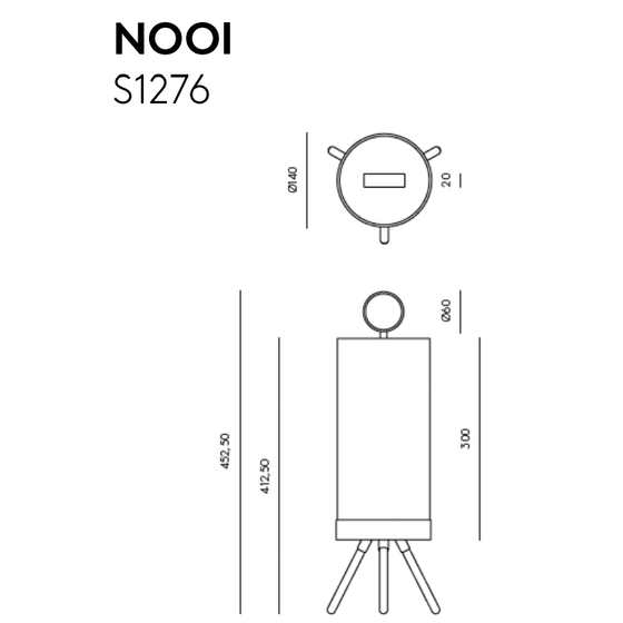 Dibujo técnico de una Lámpara de Mesa Nooi modelo s1276, que muestra vistas superior y lateral con medidas detalladas e iluminación regulable.