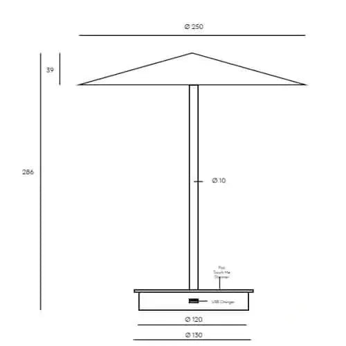 Un diagrama de diseño sostenible que muestra las dimensiones de una Lámpara de mesa Fila en negro mate y dorado mate.