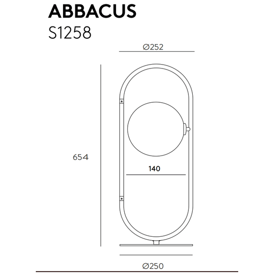 Dibujo técnico de una estructura de forma ovalada rotulada "Lámpara de mesa Abbacus", con dimensiones marcadas en milímetros.