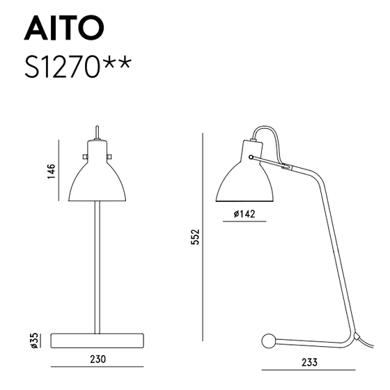 Dibujos técnicos de dos lámparas Lámpara de mesa Aito s1270, una de pie y otra de sobremesa con iluminación regulable, rotuladas con dimensiones en milímetros.