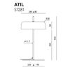 Dibujo técnico de una Lámpara de mesa Atil con dimensiones y geometría rotuladas, incluyendo medidas de altura y base.