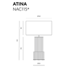 Dibujo técnico de Lámpara de mesa Atina diseño rotulado "nac115*" que presenta una vista superior rectangular y una vista lateral con dimensiones, montada sobre una base cilíndrica con franjas verticales.