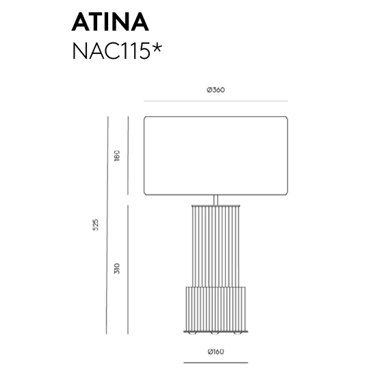 Dibujo técnico de Lámpara de mesa Atina diseño rotulado "nac115*" que presenta una vista superior rectangular y una vista lateral con dimensiones, montada sobre una base cilíndrica con franjas verticales.