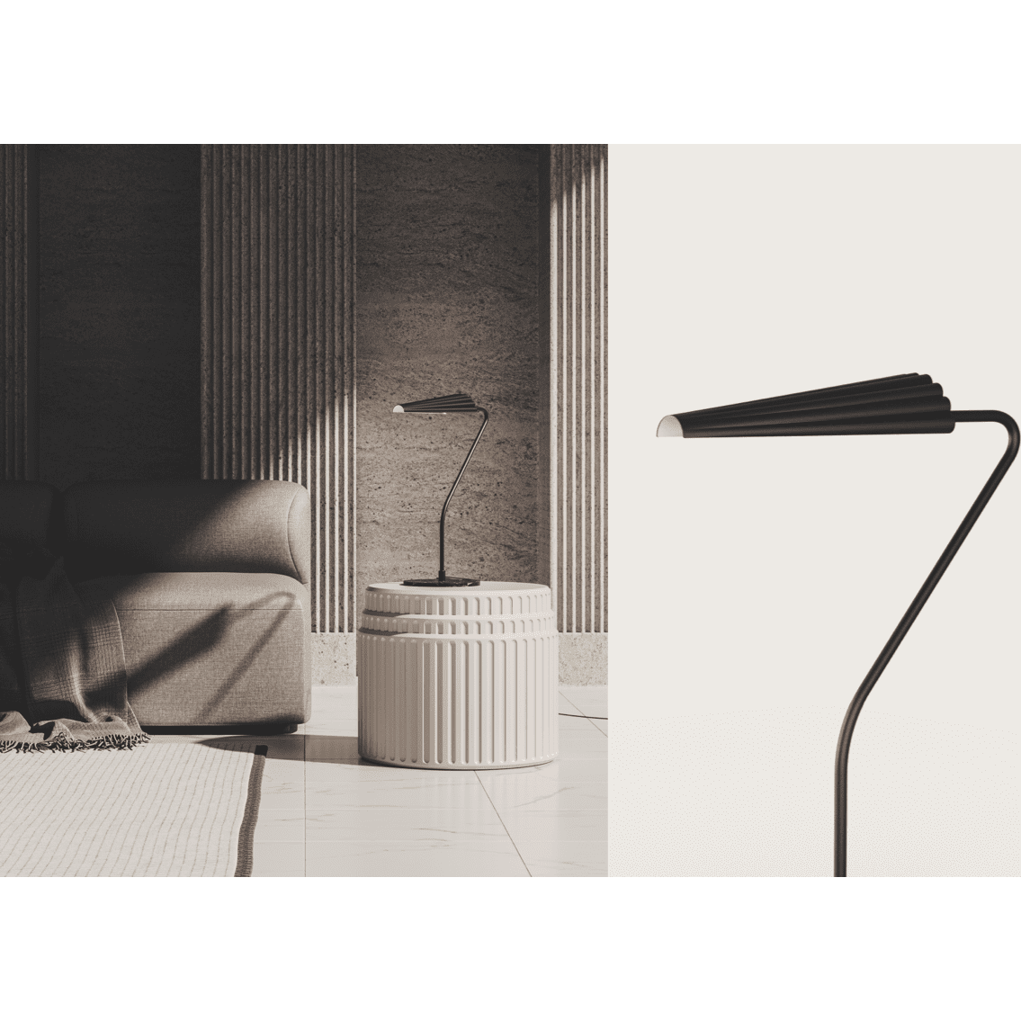 Moderna sala de estar con un sofá gris, una mesa auxiliar cilíndrica y una elegante lámpara de mesa Bion. Una sección de pared texturizada y un piso de baldosas complementan el diseño moderno del espacio, que presenta una lámpara angular negra con tecnología avanzada LED G9.