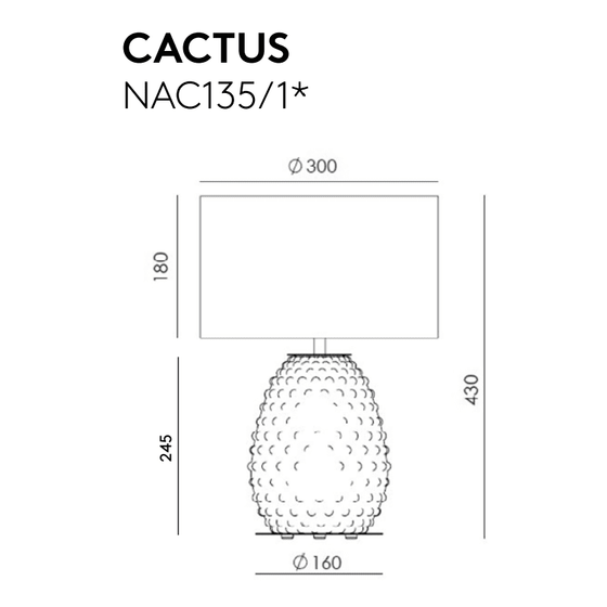 Dibujo técnico de una lámpara denominada "Lámpara de mesa Cactus NAC135/1", que presenta una pantalla E27 encima de una base en forma de cactus con dimensiones etiquetadas en milímetros.