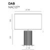 Descripción técnica de "Lámpara de mesa Dab" con dimensiones; muestra una lámpara de mesa con diseño industrial, compuesta por una caja rectangular y un objeto cilíndrico sobre un.