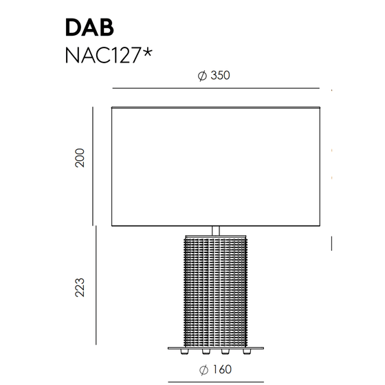 Descripción técnica de "Lámpara de mesa Dab" con dimensiones; muestra una lámpara de mesa con diseño industrial, compuesta por una caja rectangular y un objeto cilíndrico sobre un.