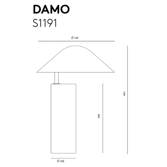 Diseño técnico de la Lámpara de mesa Damo con dimensiones, mostrando una parte superior semicircular y una base rectangular.