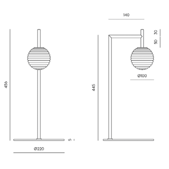 Dibujos técnicos de dos diseños de Lámpara de mesa Doul mostrando dimensiones y estructura desde una vista lateral, centrándose en el diseño contemporáneo.