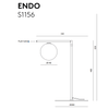 Dibujo técnico de una Lámpara de mesa Endo con dimensiones en milímetros, con interruptor pulsador y cabezal circular con diseño minimalista.