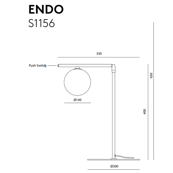 Dibujo técnico de una Lámpara de mesa Endo con dimensiones en milímetros, con interruptor pulsador y cabezal circular con diseño minimalista.