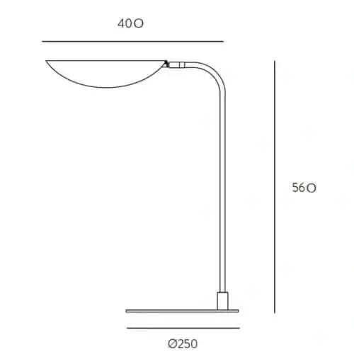 Descripción: Diseño técnico de una lámpara de mesa Ficus con medidas, que presenta un cuello curvado y una base circular.