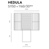 Dibujo técnico de un objeto cilíndrico denominado “Lámpara de mesa Hedula” con dimensiones detalladas y un patrón de cuadrícula en la parte superior, diseñado como una lámpara de mesa.