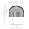 Diseño técnico de una Lámpara de Mesa Holm en forma de cúpula con dimensiones señaladas, incluyendo una altura de 250 mm y di.