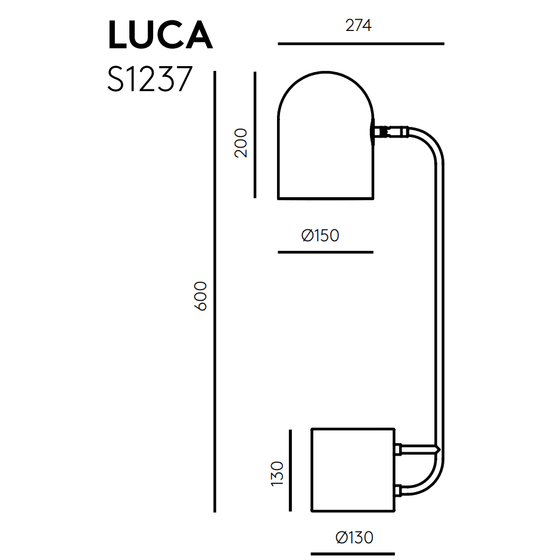 Dibujo técnico de lámpara de pared rotulada "Lámpara de mesa Luca s1237", que muestra vistas lateral y superior con anotaciones numéricas de dimensiones, destacando su diseño contemporáneo.