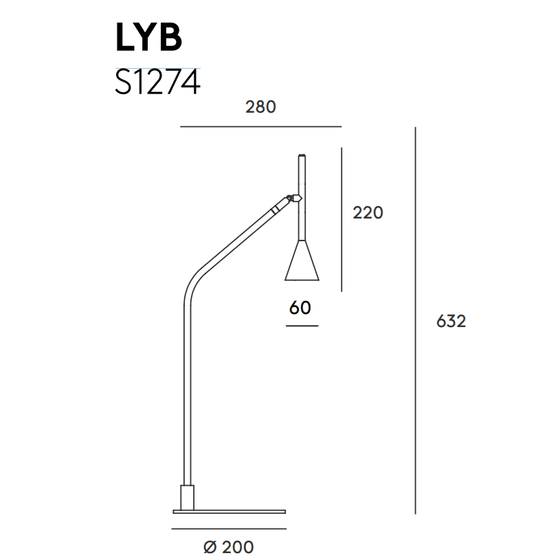 Dibujo técnico de Lámpara de mesa Lyb de dimensiones en milímetros con cuello regulable y pantalla de diseño contemporáneo en forma de cono.