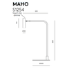 Dibujo técnico de Lámpara de mesa Maho con dimensiones etiquetadas, con brazo regulable y sensor táctil.