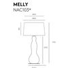 El diagrama de la Lámpara de mesa Melly, etiquetado "NAC103*", resalta su elegancia y funcionalidad con dimensiones: alto 77 cm, base 52 cm; alturas de pantalla 20 cm, diámetros 35 cm y 45 cm; diámetro de la base 22 cm.