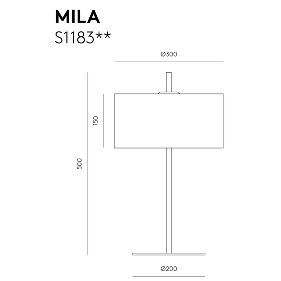 Dibujo técnico de una lámpara de mesa modelo "Lámpara de mesa Mila" con las dimensiones dadas en milímetros, mostrando la base, tallo y pantalla.