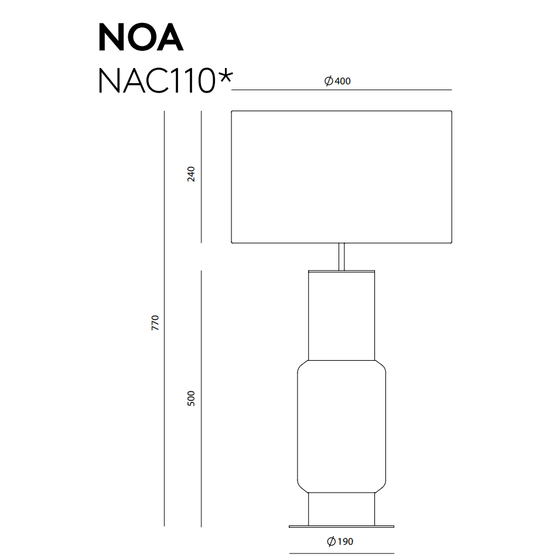 Dibujo técnico de una Lámpara de mesa Noa rotulada "lámpara de mesa Noa" con dimensiones; Presenta una pantalla rectangular y una base cilíndrica.