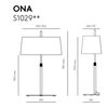 Oración con nombre del producto: Esquema técnico de dos modelos de Lámpara de Mesa Ona, mostrando vistas frontal y lateral con medidas en milímetros.