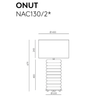 Ficha técnica de la Lámpara de mesa Onut NAC130/2* destaca su elegante diseño industrial. Dimensiones: 400 mm de diámetro, 679 mm de altura y 220 mm de diámetro de base. Ideal para proporcionar una suave iluminación ambiental.